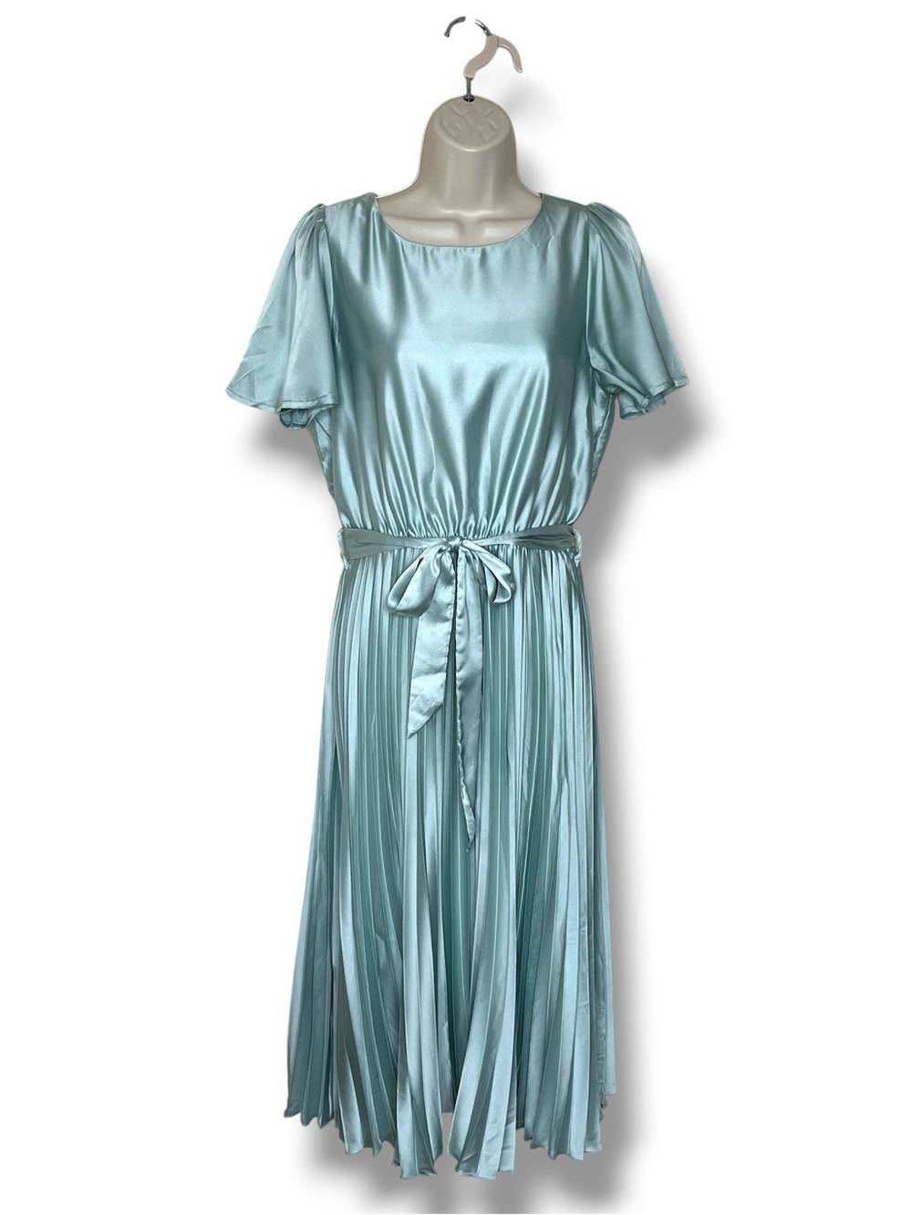 Polagram Small Satin Pleated Midi Dress Green Tie Waist Flutter Sleeve Party